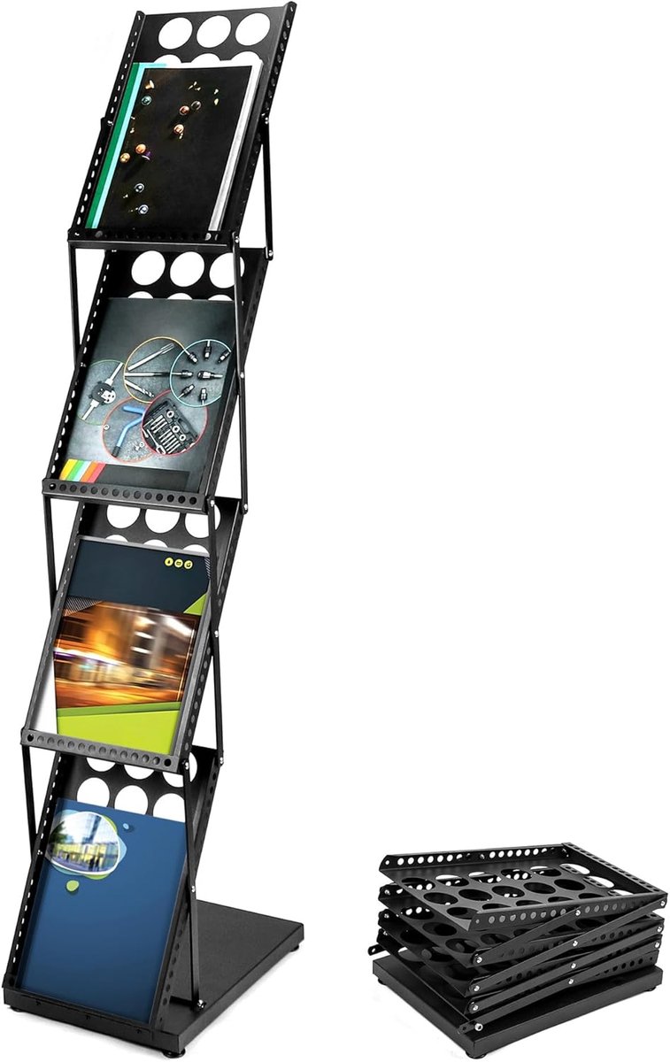 SnelShoppen - A4 Brochure Stand, Flyer Stand, Opvouwbaar, Zwart, Lichtgewicht, Dubbelzijdig, 6 Vakken, Aluminium, Voor Magazines, Brochures, Presentat