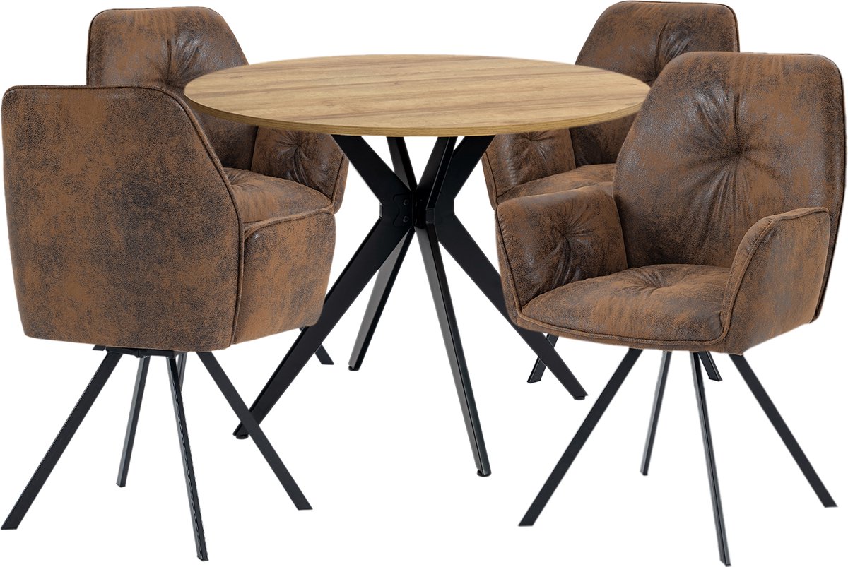 Eethoek - Ronde Eikenlook Tafel En 4 Draaibare Retro Stoelen - Bruin