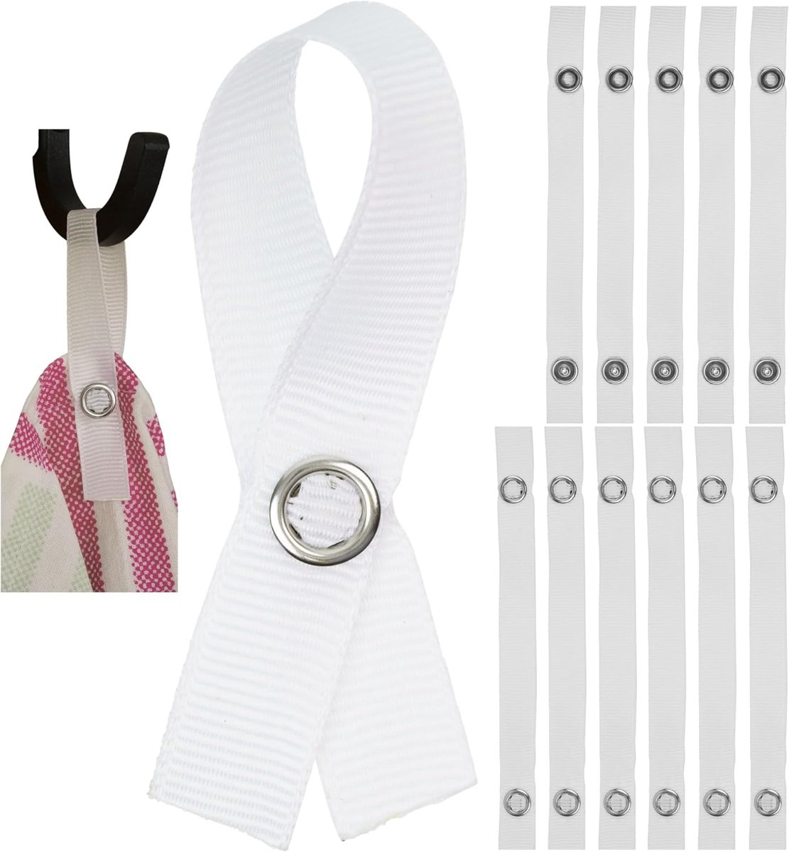 SnelShoppen - 12 Stuks Naaivrije Textielhangers met Drukknoop, 150 x 12 mm, Witte Ophanglussen voor Keuken, Badkamer, Decoratie en Kampeeraccessoires