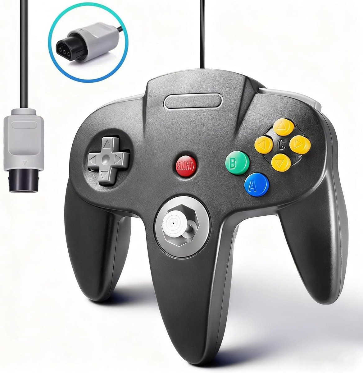 SnelShoppen - Retro N64 Controller voor N64-console | Wired gamepad met verbeterde 3D precisie joystick, plug & play, zwart | Geschikt voor N64 replic