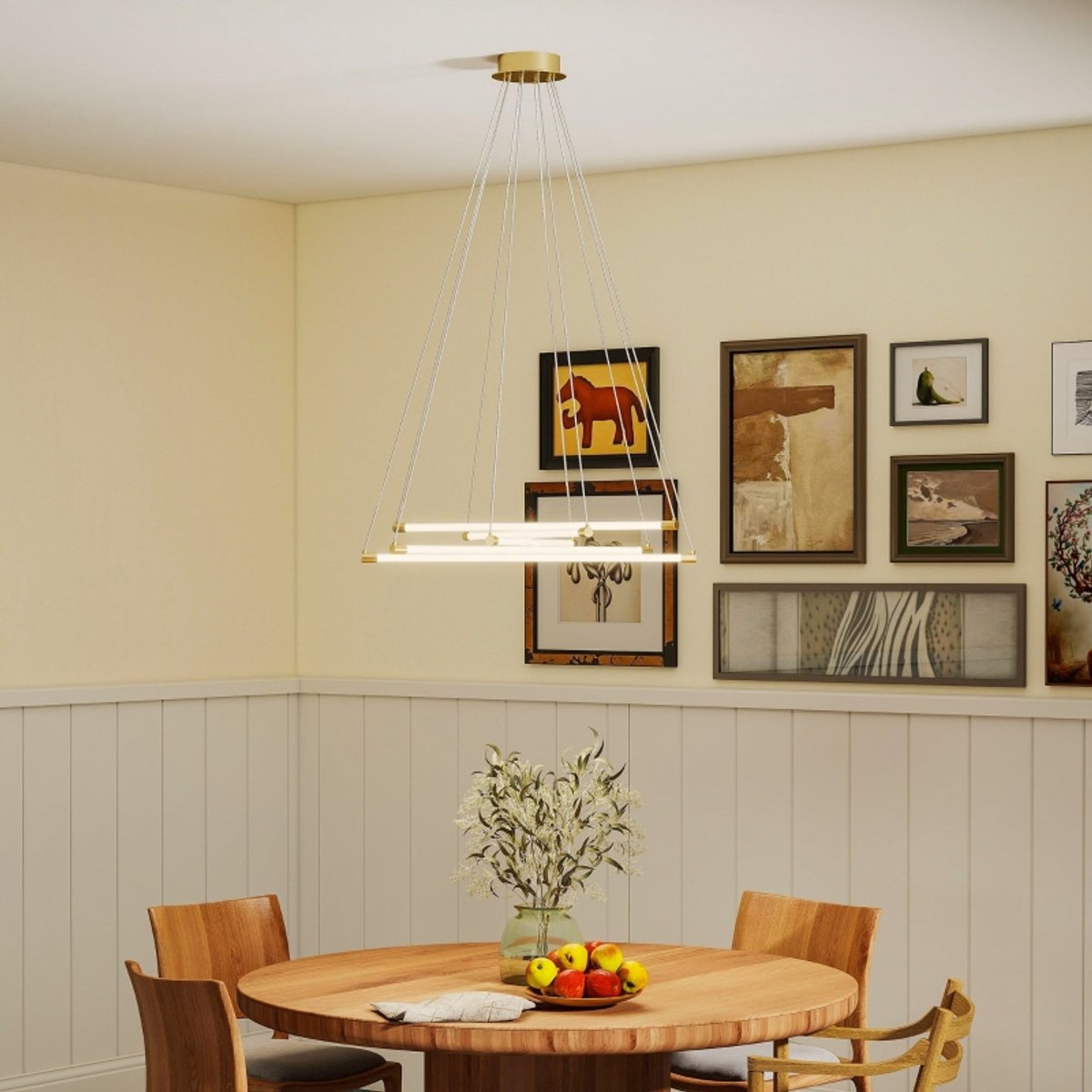 OKWISH Hanglamp Verstelbaar - 82 x 124 cm - Metaal - Goud Wit - Vijf LED Lichtpunten Voor Eetkamer Woonkamer Keuken - Warm Licht