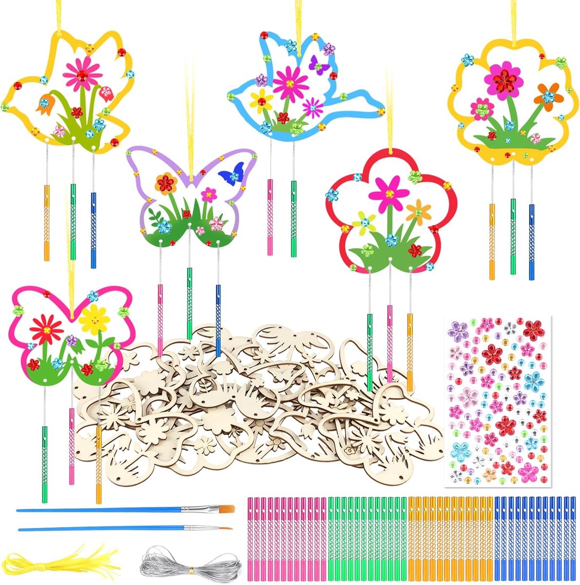 SnelShoppen - 12-delige DIY Lente Windspel Set voor Kinderen - Houten Decoratie, Creatief Schilderen, Vlinder Ambachten, Voor Meisjes en Jongens