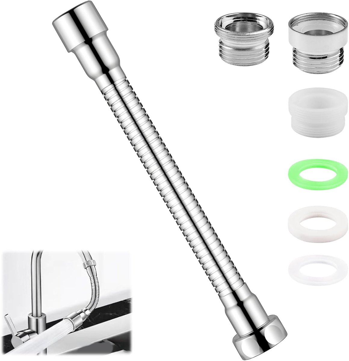 SnelShoppen - Keukenkraan verlenging 30cm RVS flexibel met 3 kraanadapters en afdichtringen voor keuken, badkamer, toilet en balkon