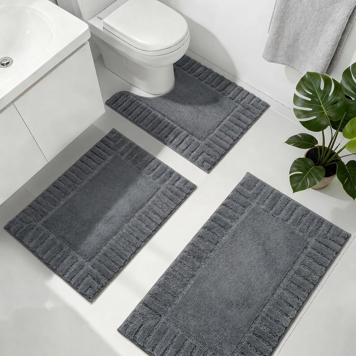 SnelShoppen - 3-Delige Badkamer Tapijt Set - Antislip Wasbare Badmat en Toilettapijt - Zacht Absorberend Donkergrijs Badkamer Tapijt voor Thuisgebruik