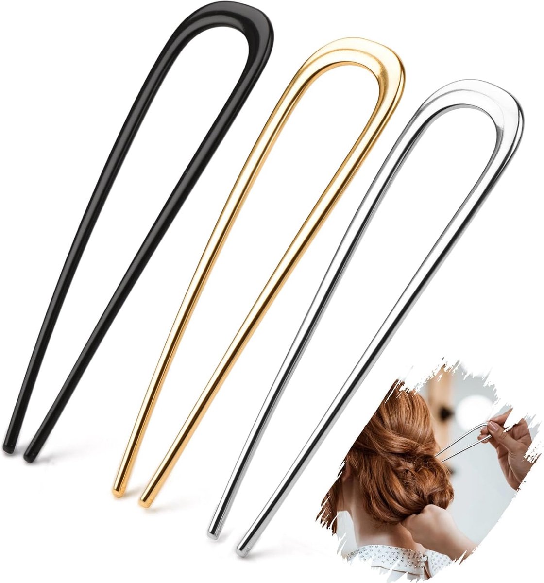 SnelShoppen - U-vormige Franse Haarspeld 35.5cm - 3 Delige Set Haarpins in Goud, Zilver en Zwart - Perfect voor Updo's en Alle Haartypes