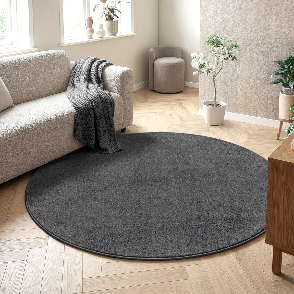 Muratap Uni Rond Effen Laagpolig Vloerkleed Modern Donker Grijs- 120 CM Ø
