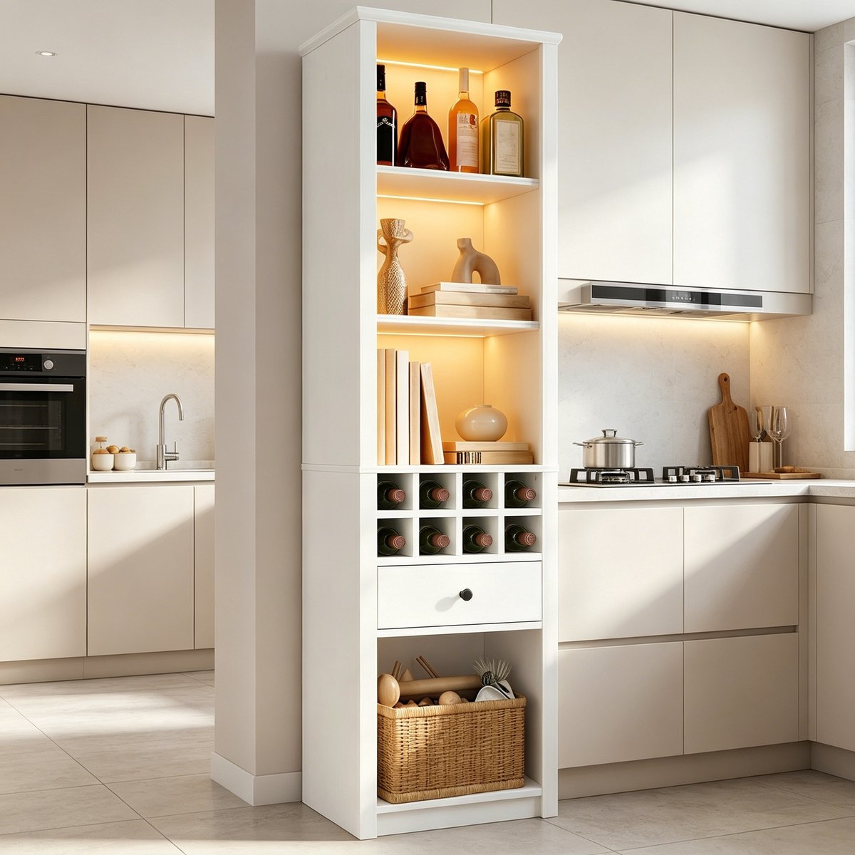 HAUSS SPOLE Boekenkast - Open Vitrinekast Met Ledverlichting En Lade - Voor Woonkamer Keuken En Eethoek - MDF - 55x40x200 Cm - Wit