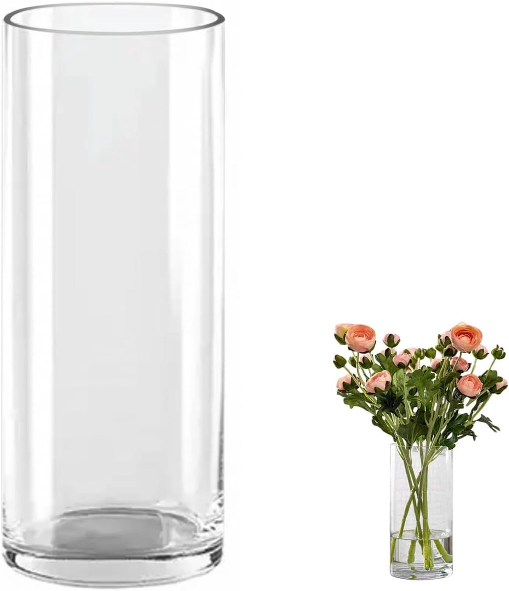 SnelShoppen - Glass Cylinder Vase 25cm Hoog, Grote Dikke Kristallen Vaasje voor Bloemen, Perfecte Bloemarrangement voor Centerpieces in Woonkamer, Keu