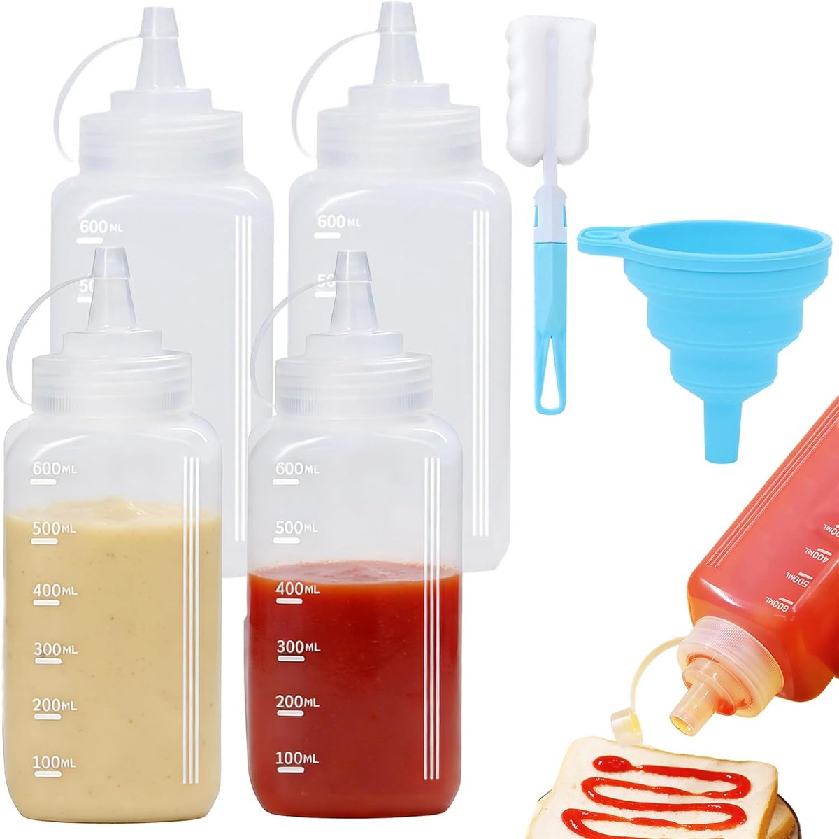 SnelShoppen - 4 Stuks Squeeze Flessen 600 ml - Vierkante Plastic Flessen - Levensmiddelen Veilig - Lekvrije Flessen met Deksel, Borstel, Trechter voor