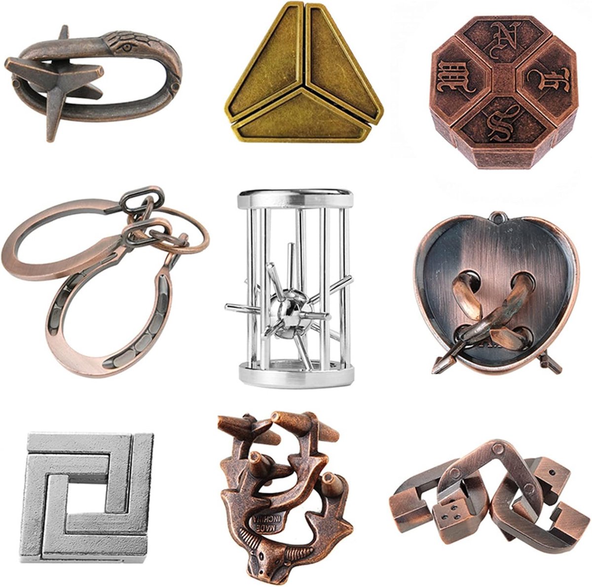 SnelShoppen - 9 Stuks IQ Test Puzzels - Breinbrekers - Houten en Metalen Wire Puzzles - Educatieve Spellen voor Kinderen en Volwassenen - Hoge Moeilij