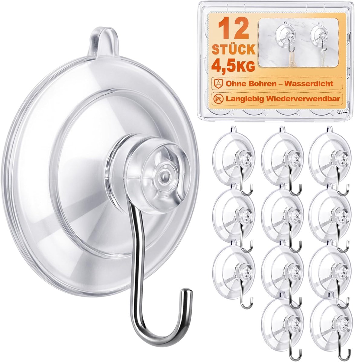 SnelShoppen - Bonison Zuignaphaken 12 stuks, zonder boren, diameter 4,5 cm, robuust met sterke grip tot 4,5 kg, herbruikbaar voor badkamer, keuken, te