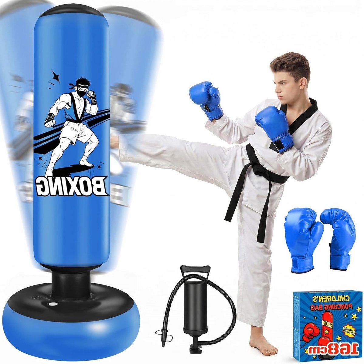 Vrijstaande Inflatable Bokszak voor Kinderen en Tieners - 168 cm Hoge Veiligheid PVC Bokszak met Steun, Inclusief Handschoenen, Ideaal voor Thuis MMA Training en Sportactiviteiten