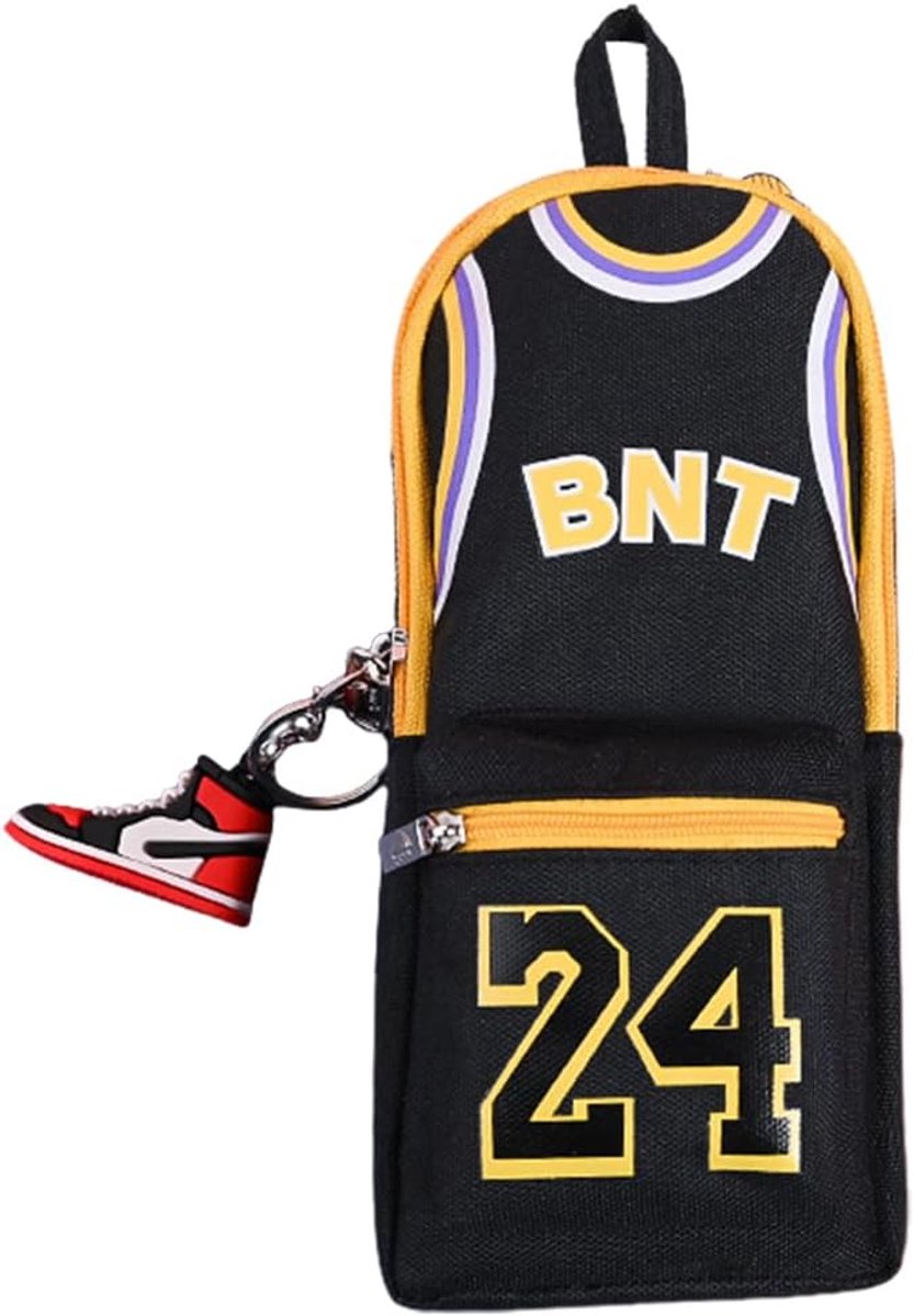 SnelShoppen - Basketball Etui - Gele Basketbal Thema - Zwart Nummer 24 - Grote Capaciteit Pennenhouder voor Kinderen (21 x 10 x 8 cm)