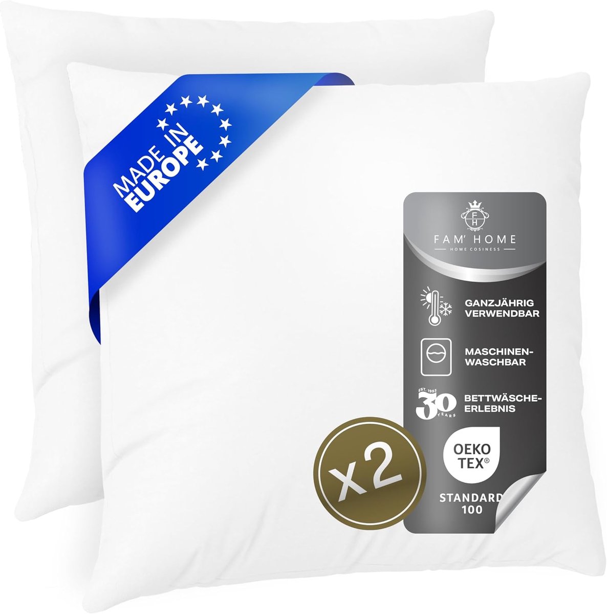SnelShoppen - Kussenset 80x80 - Set van 2 Microvezel Slaapkussens - Hypoallergene Polyester Vulling - Wasbaar - Ökotex Goedkeuring - Wit - Perfect voo