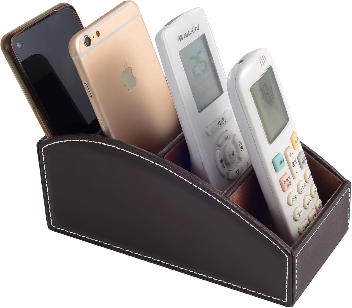 SnelShoppen - Remote Control TV Houder met 4 Compartimenten, Kunstleer Bedside Decoratie, Brillenbox, Make-up Borstel, Pen, Mobiele Telefoon (Bruin)