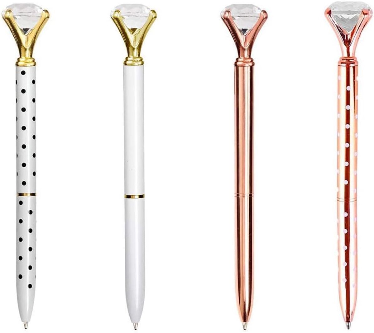 SnelShoppen - Diamond Balpen Set 4 Stuks Roze Goud, Met Cristallen, Inklapbare Metalen Balpennen voor Kantoor, School en Zakelijk Gebruik