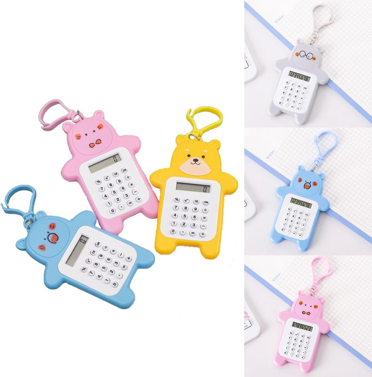 SnelShoppen - 3 Pack Mini Pocket Calculators met 8 Digit Display, Schattige Cartoon Beer Calculator, Draagbare Kleine Calculator met Sleutelhanger voo