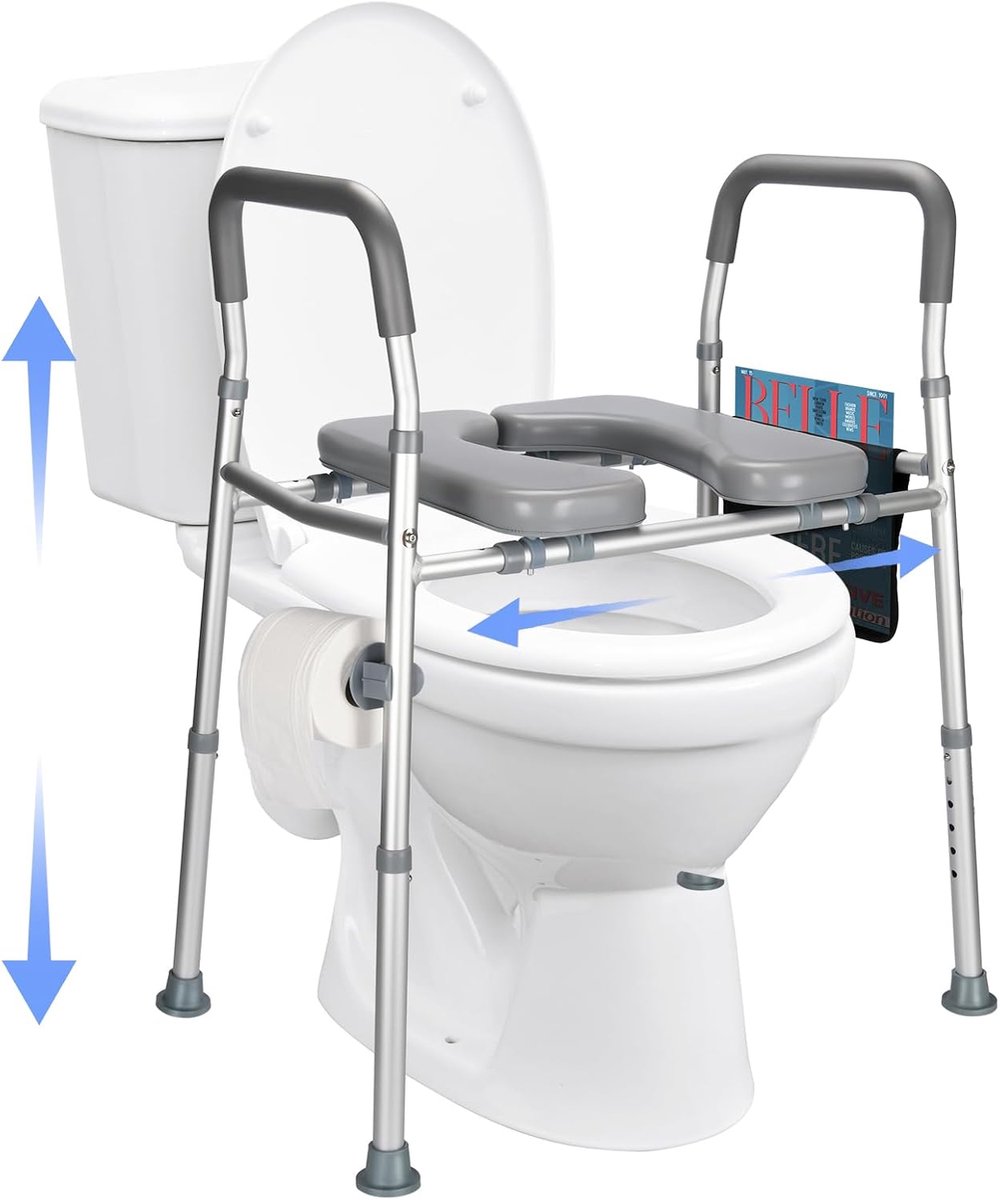 SnelShoppen - Verstelbare Toiletzitting Verhoger voor Ouderen en Gehandicapten, Hoogte 74-86 cm, Breedte 50-60 cm, Met Armleuningen en Tijdschriftenho