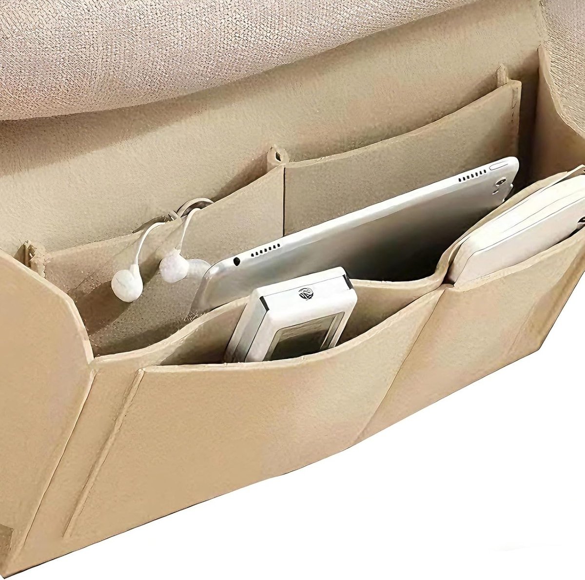 SnelShoppen - Hangende Bed Organiser, Vilt Bedtas 20x32 cm, 5 Compartimenten, Beige, Multifunctionele Sofa Organizer voor Boeken, Telefoon, Bril, Afst
