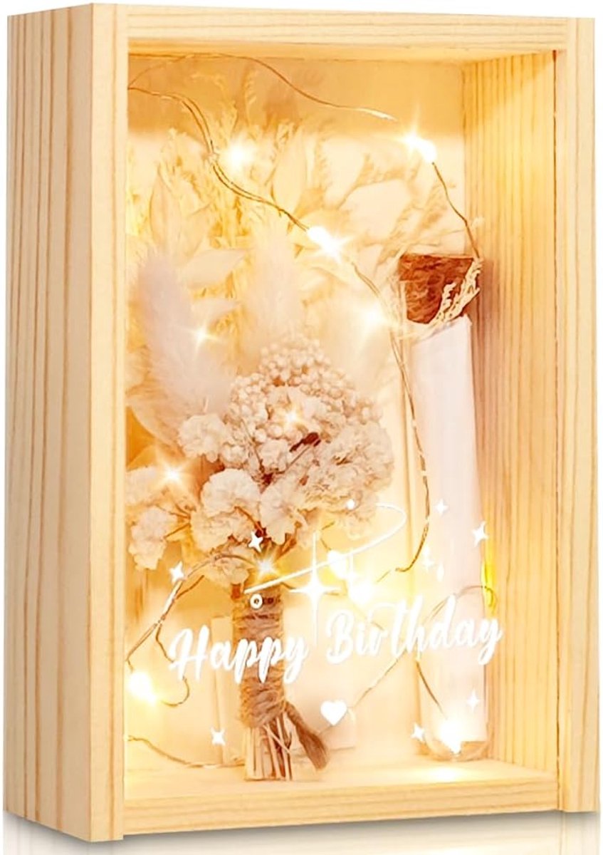 SnelShoppen - Happy Birthday Geschenkdoos met Geldcadeau, Houten Kist, Gedroogde Bloemen, Lichtketting, Herinneringsstuk voor Verjaardag, Uniek Cadeau