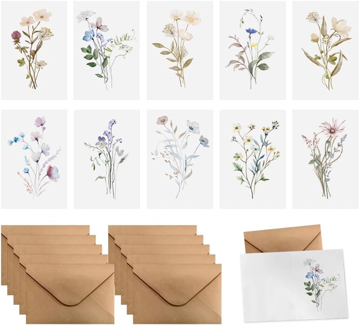 SnelShoppen - Set van 10 Bloemenwensen met Enveloppen, Verjaardagskaarten, Elegante Vouwkaarten, Wenskaarten voor Feesten en Bruiloften, Stevige Karto