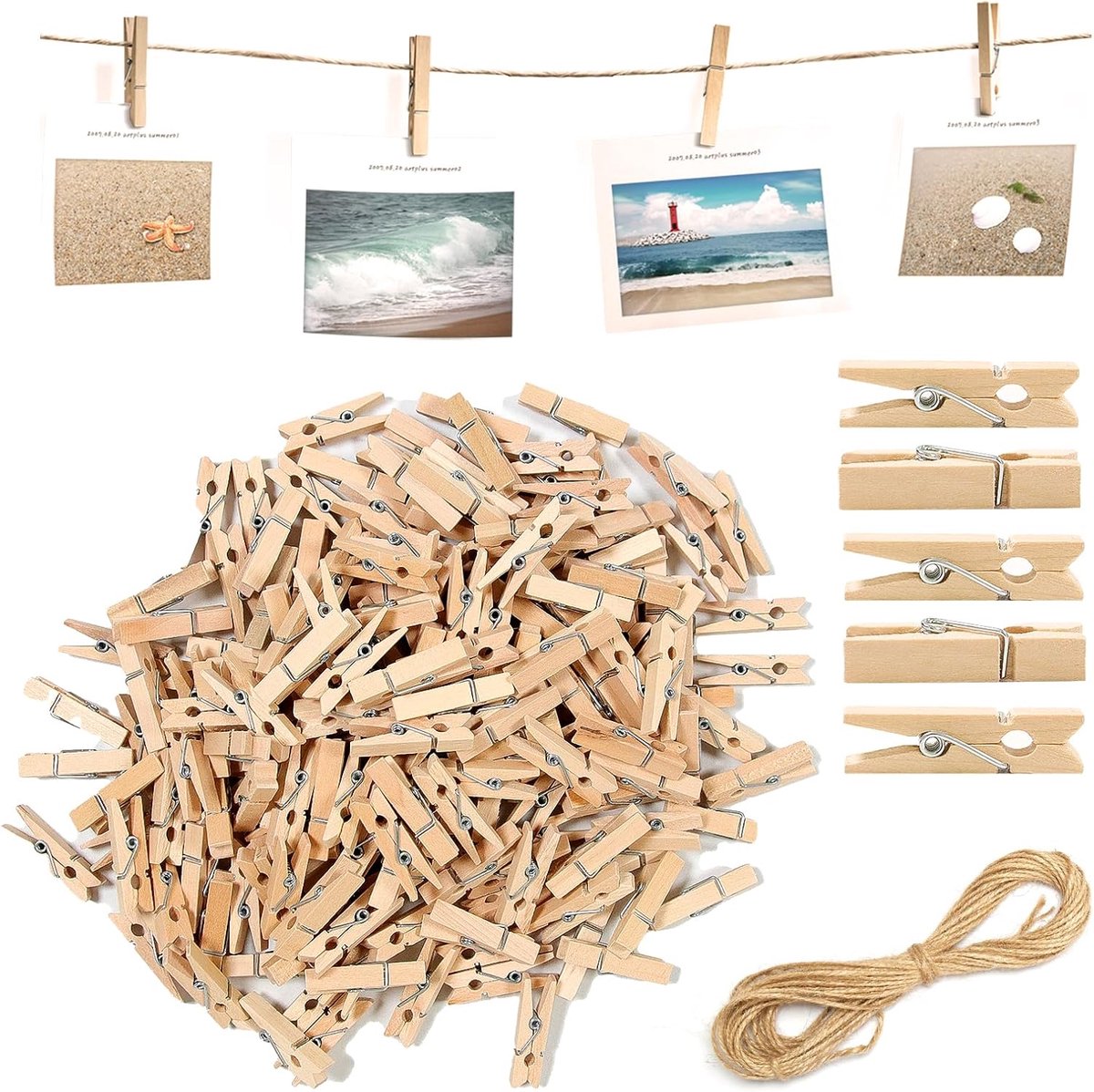 SnelShoppen - 150 Mini Houten Knijpers 3,5 cm met 10 m Jute Koord - Kleine Wasknijpers voor Foto's, Ansichtkaarten, Doe-Het-Zelf Decoratie voor Feeste