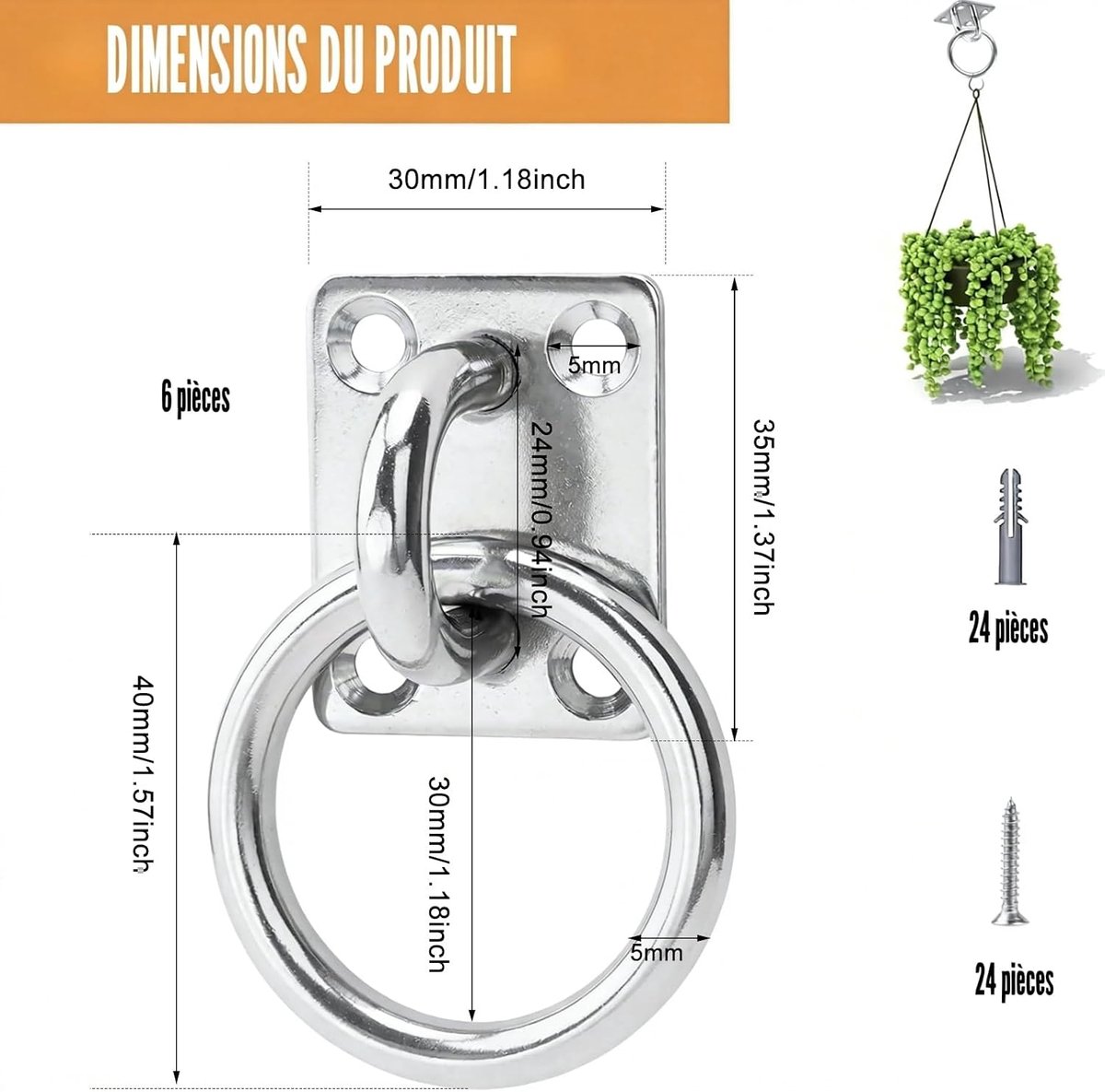 SnelShoppen - M5 Oogplaat met Oog, RVS, Vierkant, Dekplaat, Set van 6 | Zware Oogplaat met Ring voor Yoga, Touw, Hangmat, Boot, Zeilbevestiging, Geree