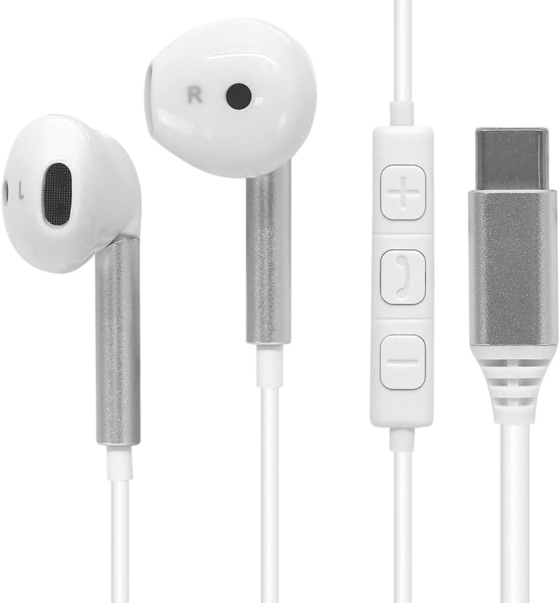 SnelShoppen - Waytex Universele In-Ear USB-C Hoofdtelefoon met Geluiddemping, Volume- en Microfooncontrole, 1.2 m Kabel, Wit - Compatibel met Smartpho