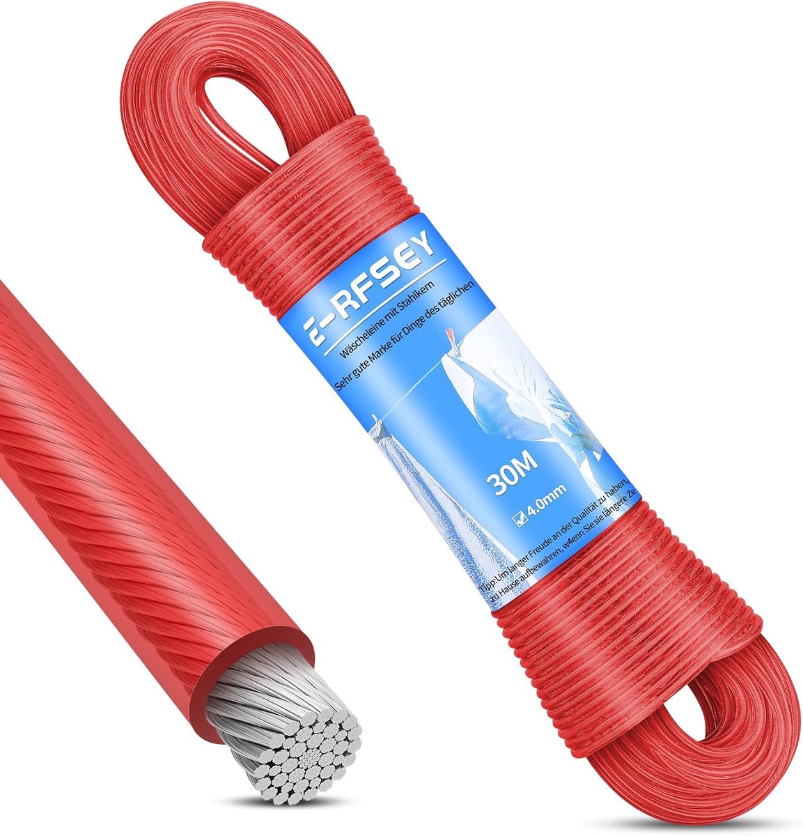 SnelShoppen - 30 m Waslijn Buiten met Stalen Kern, Robuuste Kledinglijn, Draagkracht 220 kg, Roestvrij, Waterdicht, Tuin, Rood, 4 mm Diameter