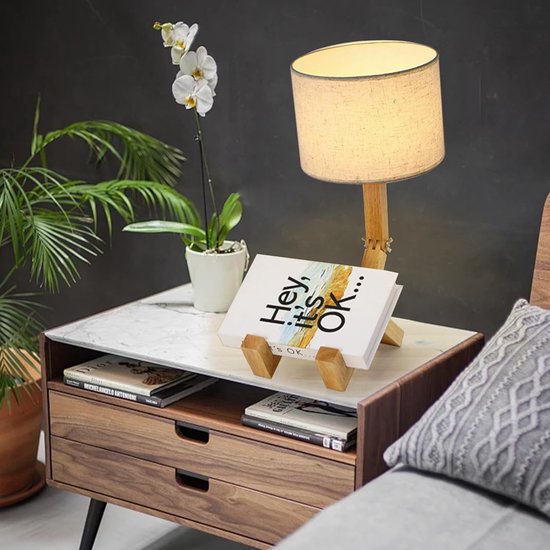 KZQ Schattige bureau- en leeslamp met houten basis - Veranderbare robotvorm - Linnen kap - Perfect voor slaapkamer kinderkamer en woonkamer - Creatief en functioneel ontwerp van KZQ — afbeelding 5