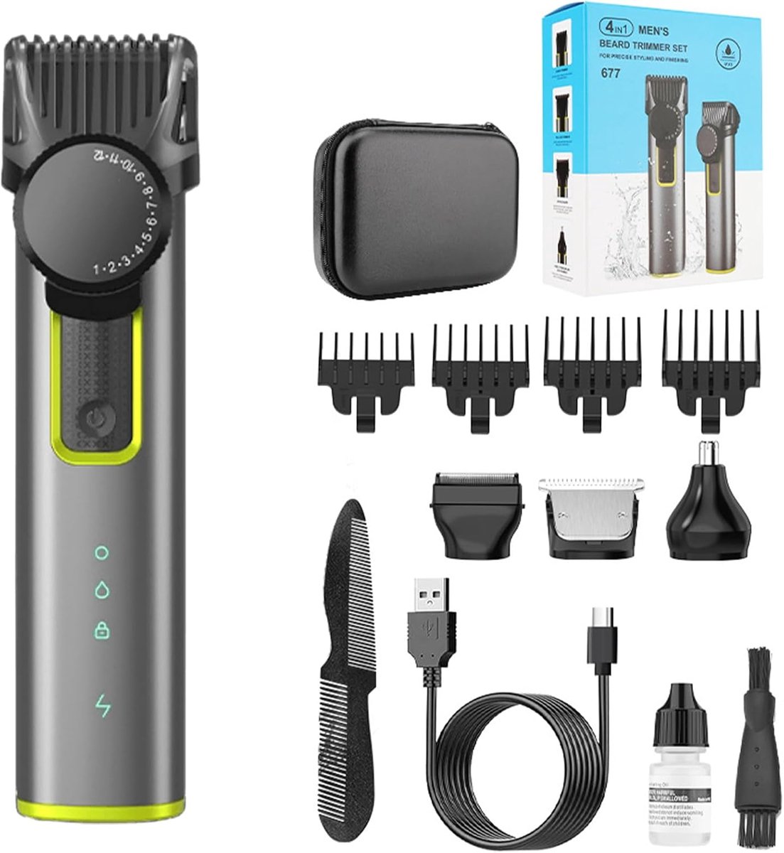SnelShoppen - 4-in-1 Tondeuse voor Heren - Professionele Tondeuse met Verstelbare Lemmetlengte 1-12 mm, Geleidingskammen 3-12 mm, Scheerapparaat en Ba