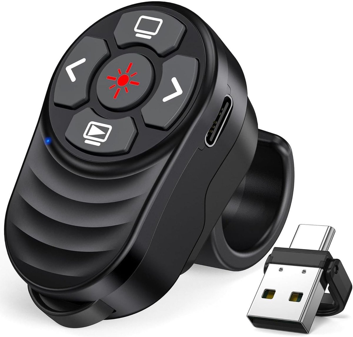 SnelShoppen - Finger Ring Presentation Clicker - Draadloze PowerPoint Clicker met Oplaadbare USB Type C, 2-in-1 Presenter Remote Control met Volumereg