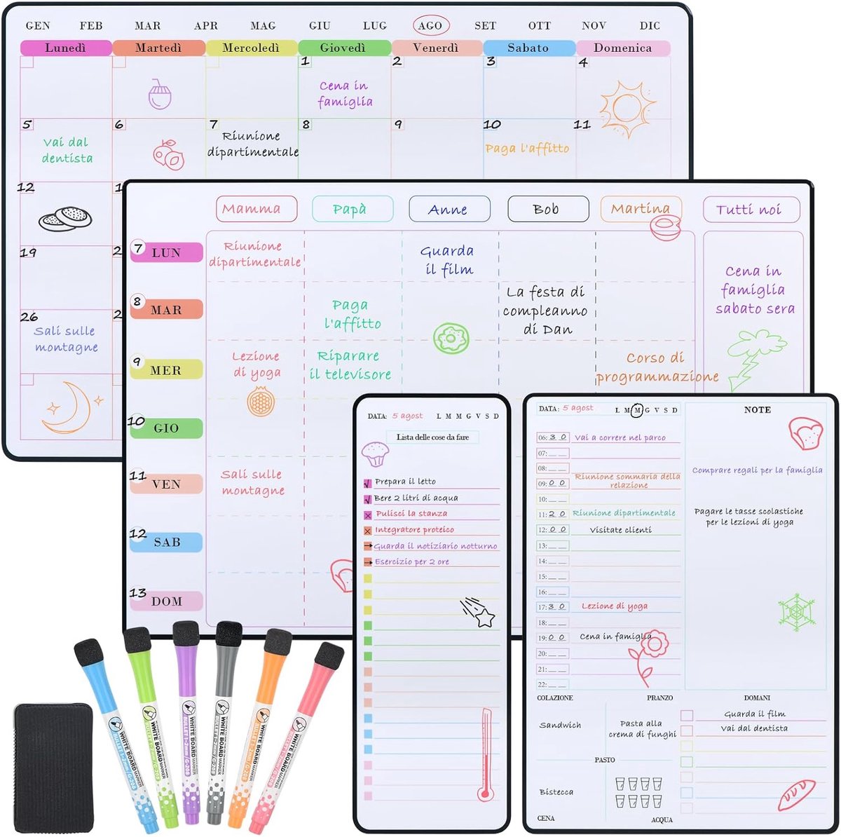 SnelShoppen - Magnetisch Whiteboard Planner voor Gezinnen, Wekelijkse en Maandelijkse To Do Lijst, Wasbaar, 4 Stuks, Geschikt voor Keuken, Organiseren