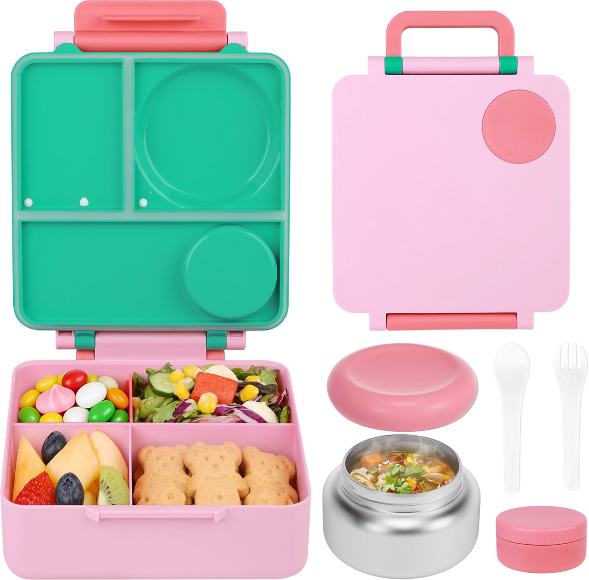 BentOH! Square Roze - Lunchbox met RVS Thermospotje - Lekvrij - Inclusief Bestek - BPA-vri