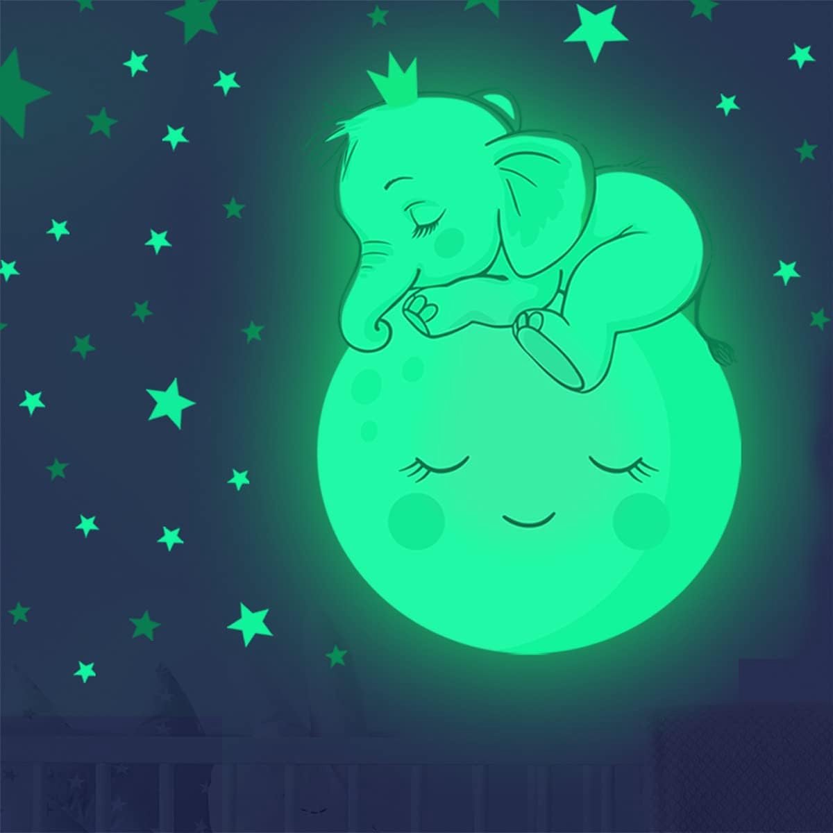 SnelShoppen - Luminous Wall Sticker - Slaapende Olifant op Maan - Zelfklevende Wanddecoratie voor Kinderkamer - Baby Jongens en Meisjes - Perfect voor