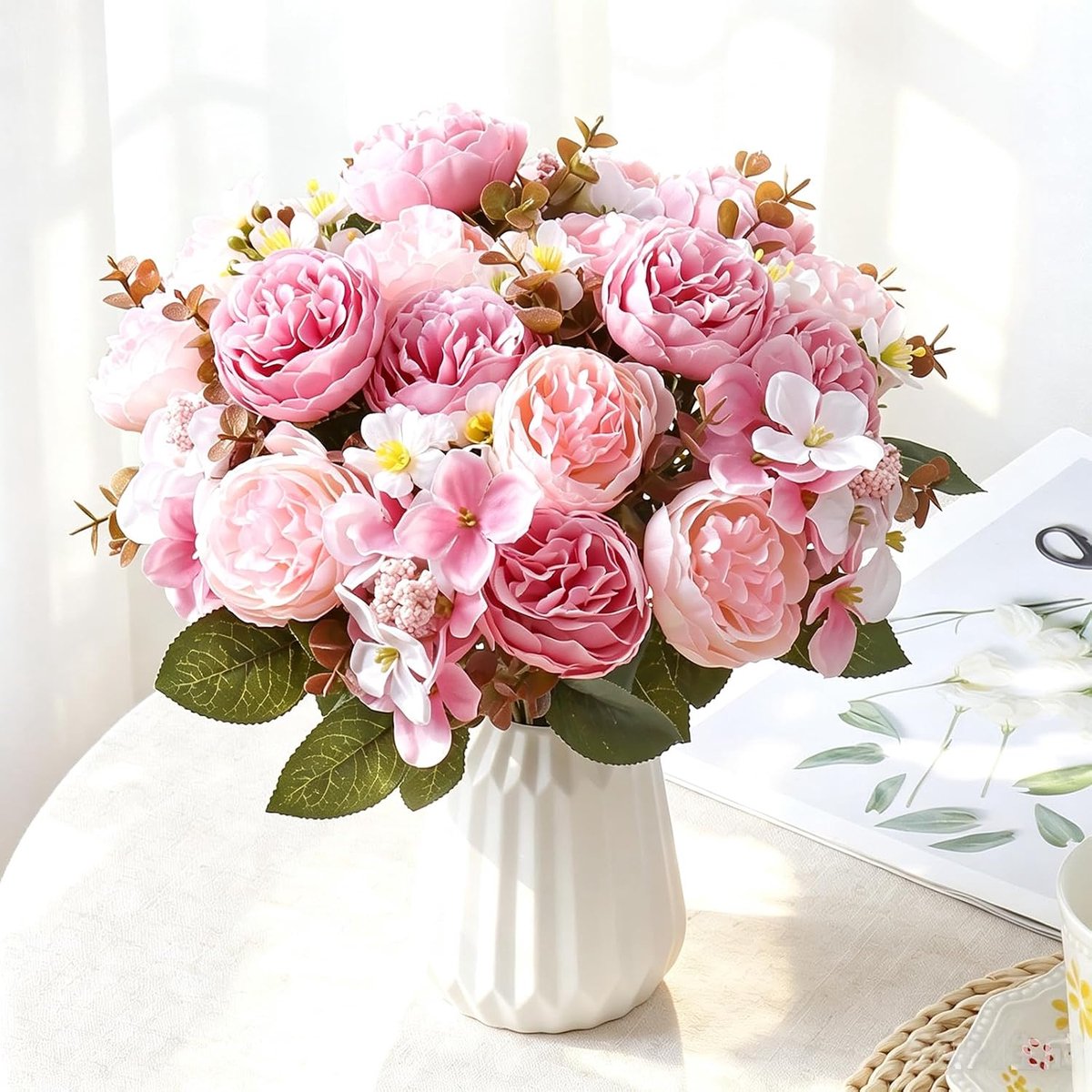 SnelShoppen - Kunstbloemen Hydrangea Boeket 30 cm - Witte Rozen en Peonies - Realistische Zijde Bloemen voor Binnen - Perfect voor Bruiloften, Feesten