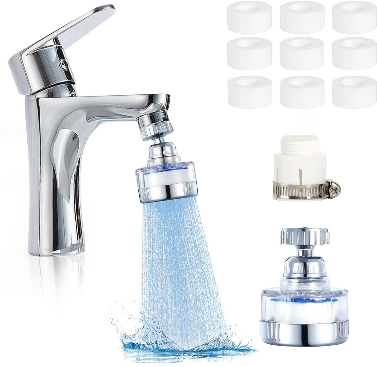 SnelShoppen - 9-delige Waterfilter voor Kraan met 360° Rotatie, PP Katoenfilter en Aansluitplug voor Drinkwater, Keuken en Badkamer