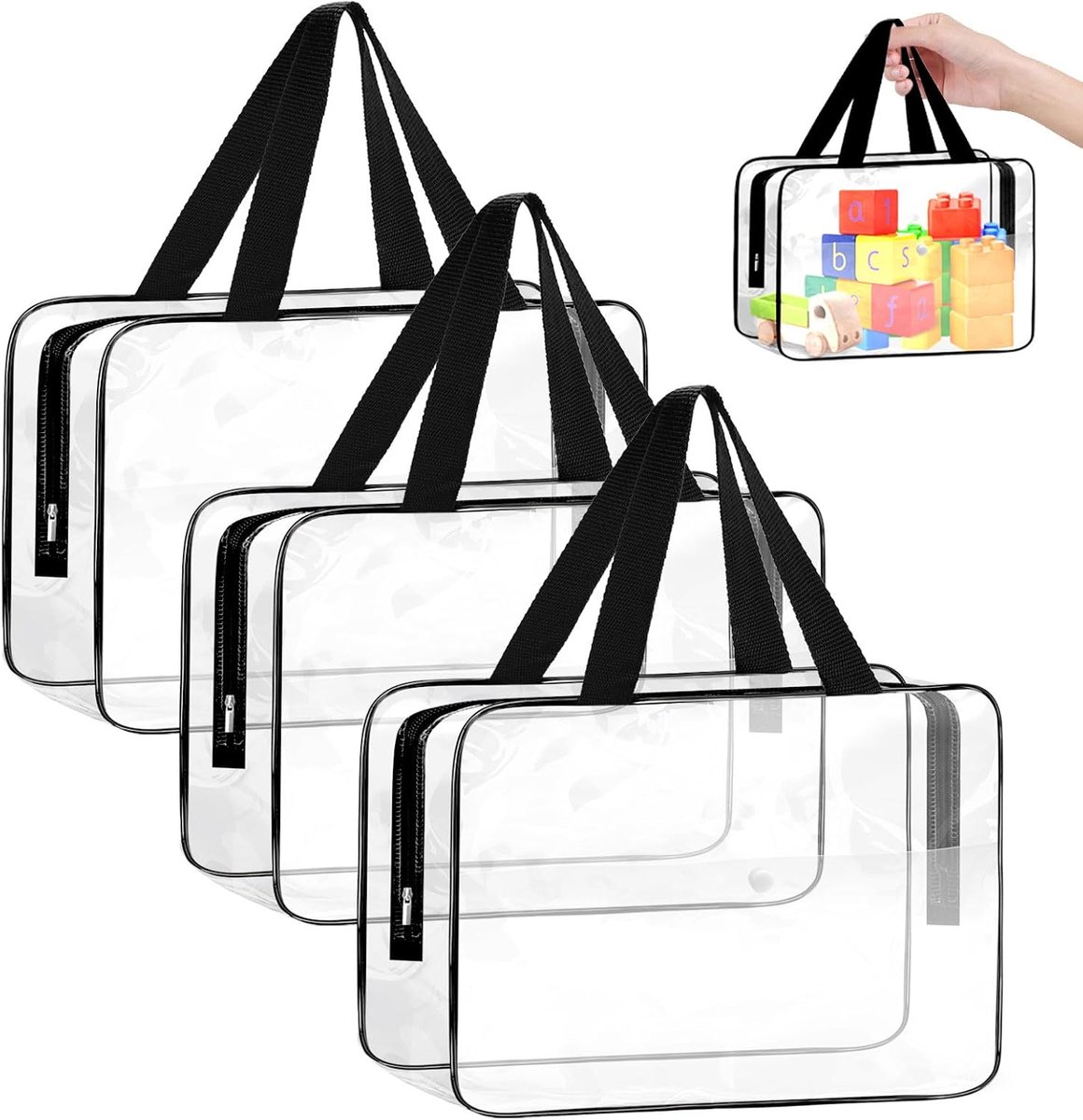SnelShoppen - 3 Transparante Speelgoedopbergzakken met Zijvakken - 30x23x8cm - Duidelijke PVC Opbergzak met Rits - Waterdichte Toilettas voor Speelgoe