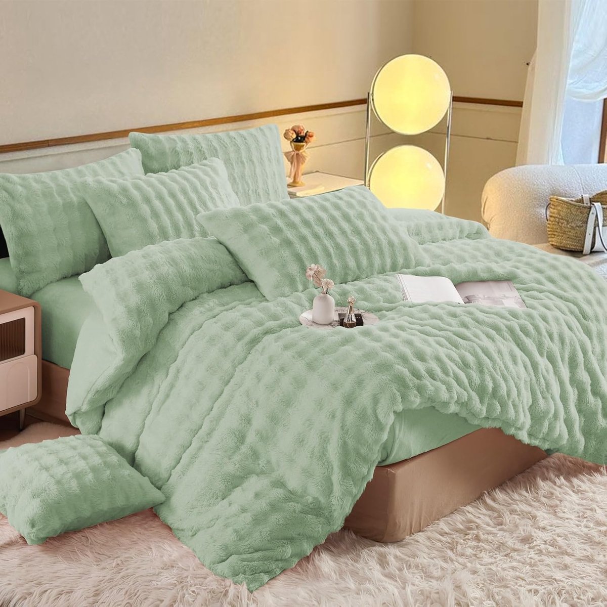 SnelShoppen - Plüsch Bedding 200x220 cm Winter Warm Sage Green - Ultra Zachte Velours Konijnenbont Dekbedovertrek Set met 2 Kussenslopen 80x80 cm - Pe