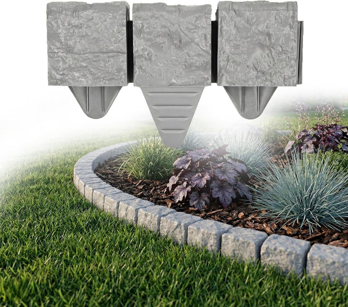 SnelShoppen - Lawn Edging 2.4 m Grijs Granite Paving Stones Look - 10x10x10 cm Stijlvolle Tuinrand van Sterk Polypropyleen - Ideaal voor Bloembedden e