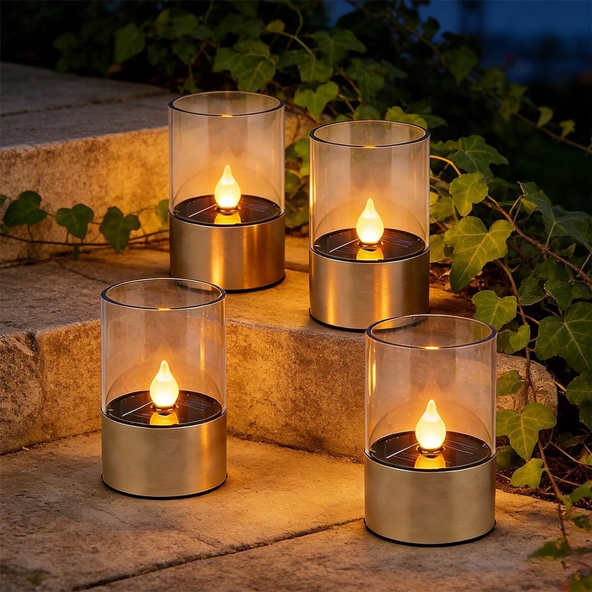 SnelShoppen - Pack van 4 LED Solar Kaarsen Buiten Waterproof - Geen Vlam - Voor Tuin, Patio, Balkon - Oplaadbaar, Energiezuinig, Decoratief