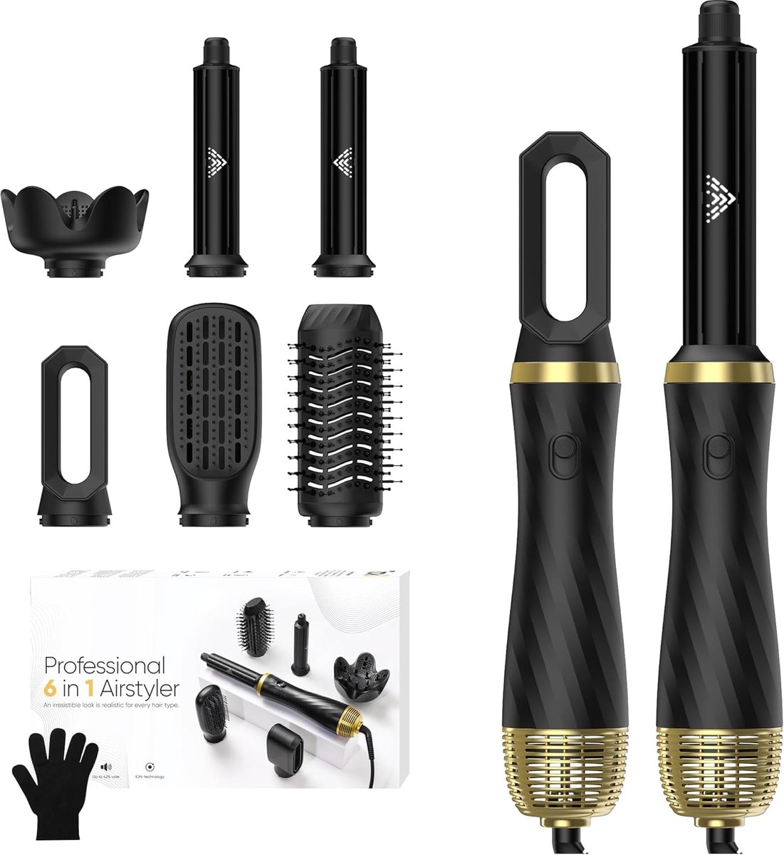 SnelShoppen - 6-in-1 Haar Föhn & Styler Set - Airstyler met Automatische Kruller, Ronde Borstel Föhn, Warm Lucht Borstel, Volume en Massage Borstel -