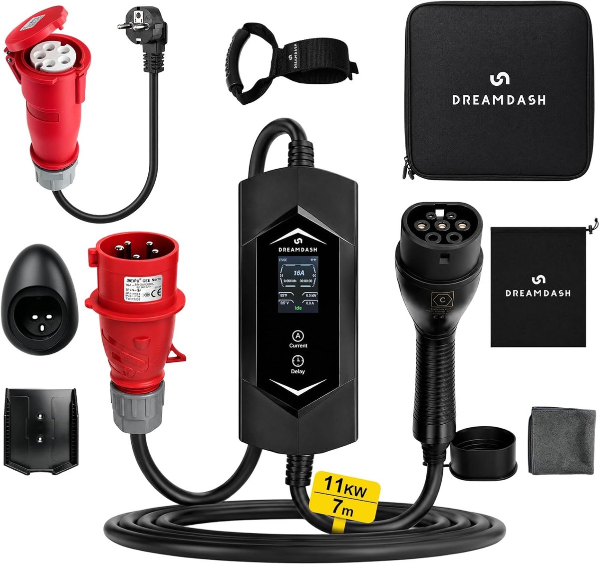 SnelShoppen - Elektrisch Auto Oplaadstation 11 kW, Driefasig, Type 2 naar CEE 16A, 7m Kabel, Schuko Adapter, Verstelbaar 6-16A, IP65, Draagbare Wallbo