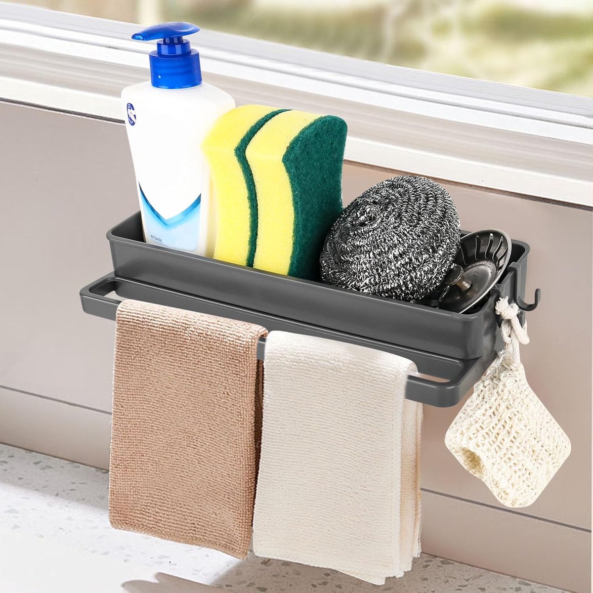 SnelShoppen - Keukenspons Houder met Druppelbak, Wandorganizer, Hoogwaardige ABS Materialen, Roestbestendig en Gemakkelijk Schoon te Maken, Keukenacce
