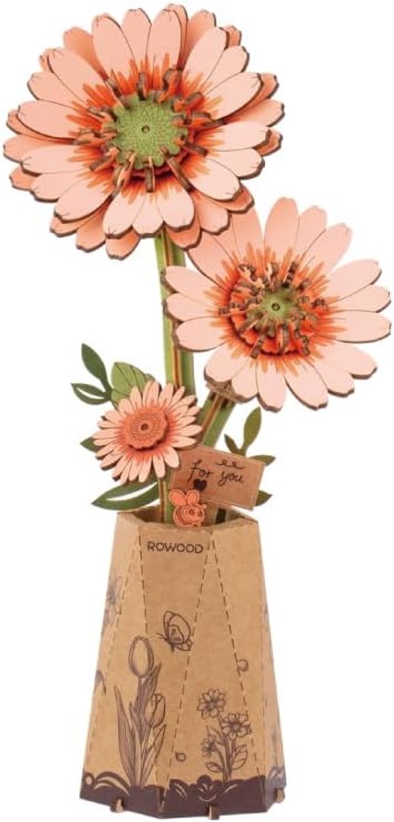 SnelShoppen - Kunstbloemen Gerbera 3D Puzzelset voor Volwassenen en Kinderen, Creatief Houten Model, Decoratie voor Moederdag, Valentijnsdag, Feest, K