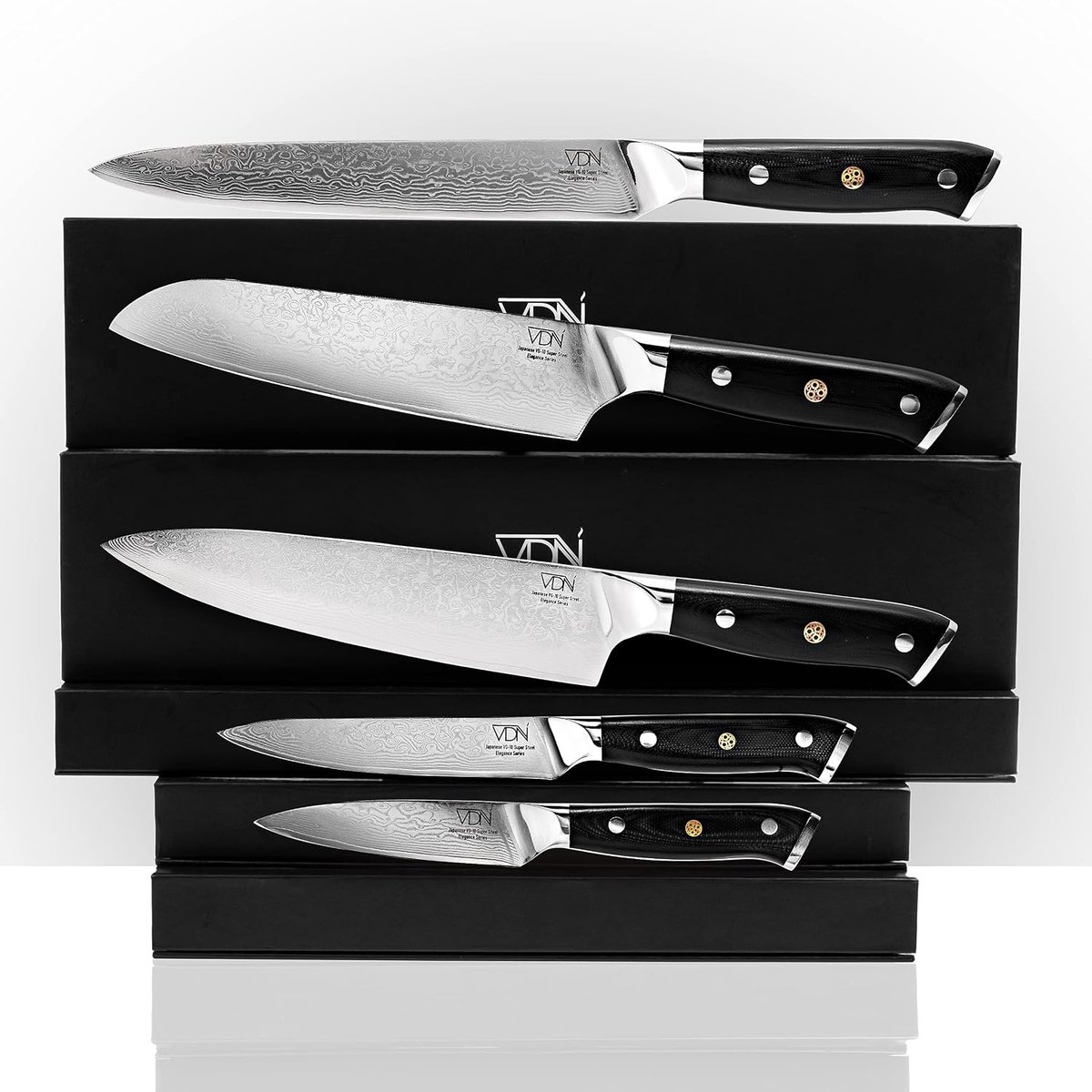 SnelShoppen - Complete Damask Steel Set Elegance Series - Japanse Koks- en Kruidenset - 67 Laags VDN - Hoogwaardige RVS Keukenmessen met Zwart Design