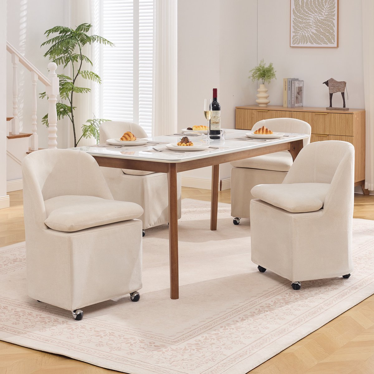 COVREO Eetkamerstoel 53 x 53,5 x 78,5 cm - chenille, wielen, afneembare hoes, beige, set v