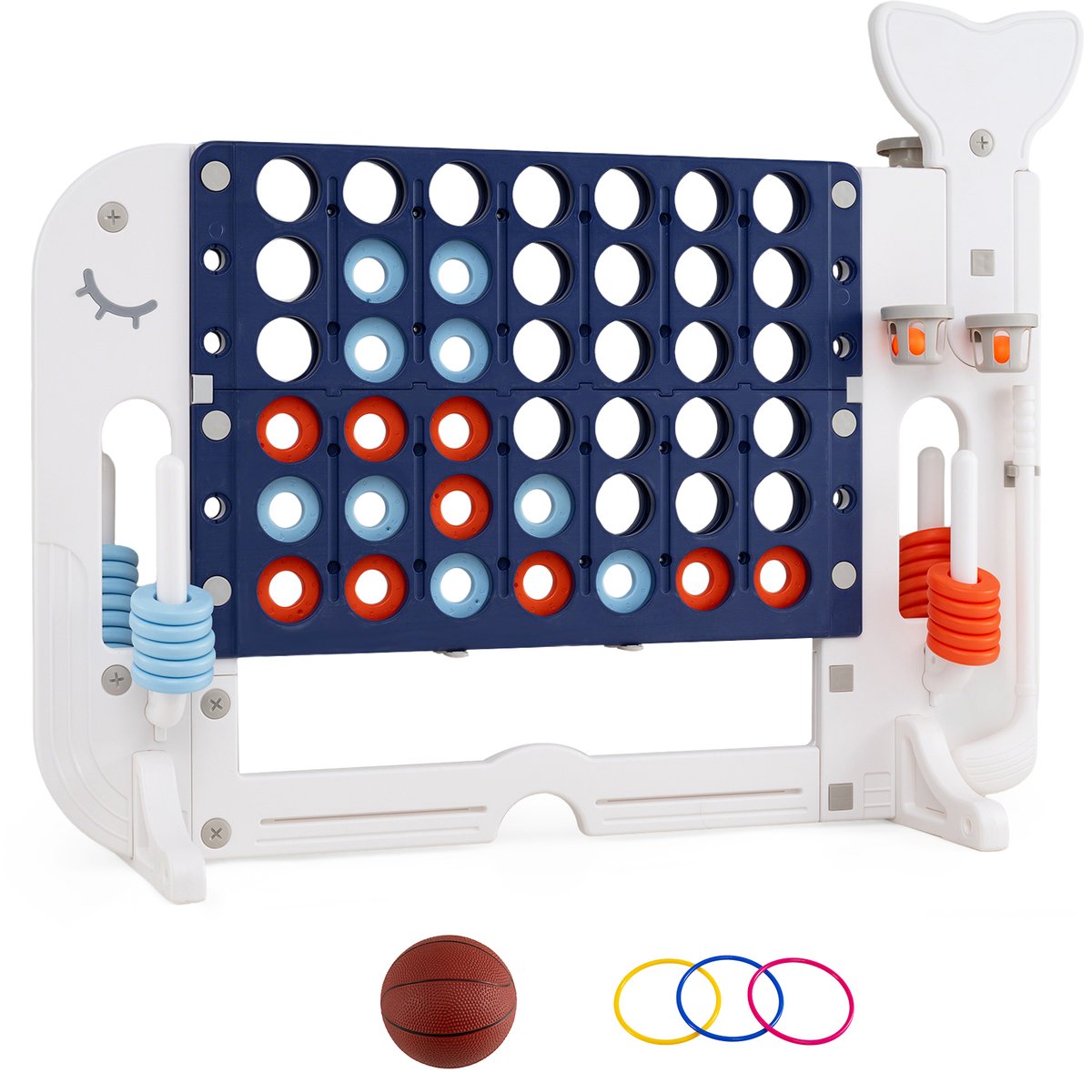 COSTWAY 4-in-1 Vier op een Rij in Walvisvorm, Vier op een Rij XXL in hoogte verstelbaar | Vier op een Rij Spel met Basketbal, Ringwerpen & Minigolf, Jumbo Bordspellen Buitenshuis voor Kinderen, Volwassenen, Wit