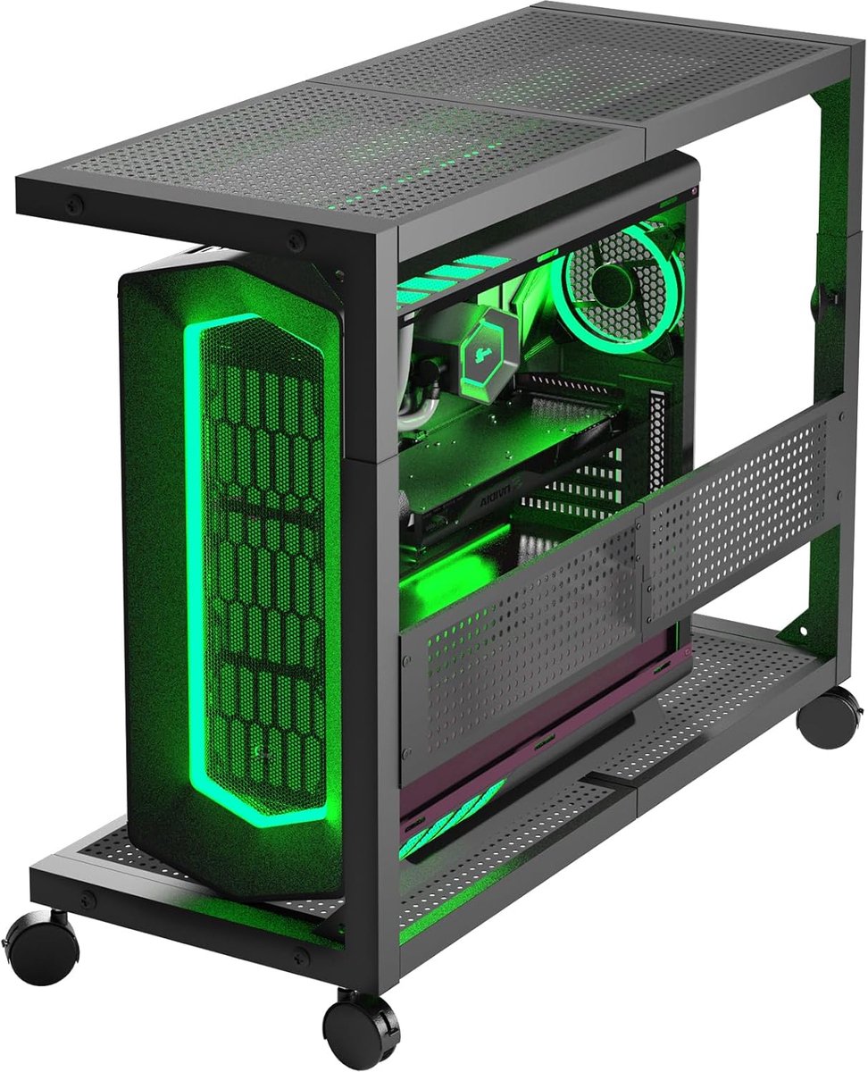 SnelShoppen - Moricher Computer Tower Stand - Hoogte Verstelbare 2 Laags ATX Case PC Stand met Rollende Wielen en Muismat voor Thuis Kantoor en Gaming