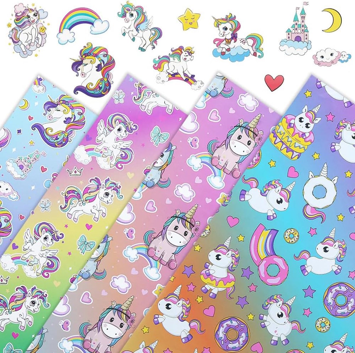 SnelShoppen - Unicorn Inpakpapier voor Kinderen, Meisjes & Vrouwen, 4 Kleurrijke Ontwerpen, Verjaardagscadeau Inpakpapier met Regenboog Achtergrond, 5